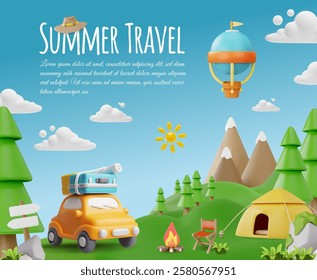 Summer travel 3D cartoon vector poster. Camping in the forest, mountains with tent and bonfire. Hot air balloon with basket flying in the sky. Adventure journey. Holiday vacation and nature tourism