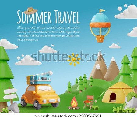 Summer travel 3D cartoon vector poster. Camping in the forest, mountains with tent and bonfire. Hot air balloon with basket flying in the sky. Adventure journey. Holiday vacation and nature tourism