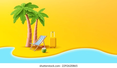 Summer travel 3d composition, beach line with sand and sea, modern colorful banner, 3d illustration of beach chait with suitcase and coconut cocktail