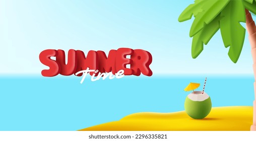 Summer travel 3d composition, coconut cocktail on the beach with beautiful view and palms - Shutterstock ID 2296335821