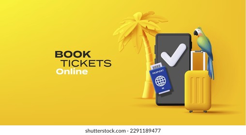 Summer travel 3d composition with yellow suitcase and palm with smartphone and passport with tropical bird, yellow online booking poster