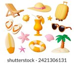 Summer travel 3d icons. Render beach elements, realistic palm tree, cocktail, sunglasses, chaise lounge. Touristic suitcase, pithy vector clipart