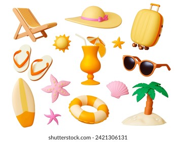 Summer travel 3d icons. Render beach elements, realistic palm tree, cocktail, sunglasses, chaise lounge. Touristic suitcase, pithy vector clipart