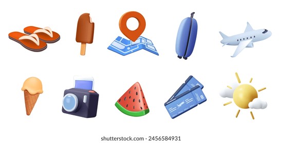 Summer, travel 3D icons set. Vector collection of illustrations and icons. Ice cream, map, watermelon and sun icons for summer travel, including camera and bagage with tickets