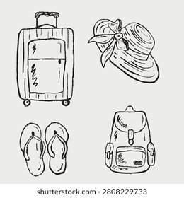 Summer travel accessories set with suitcase, straw hat, flip flops, backpack. Hand drawn vector sketch illustration in vintage doodle crayon charcoal style