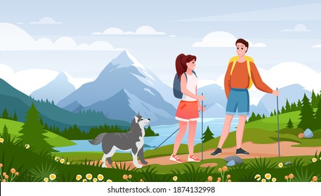 Ilustración vectorial de actividad de viajes de verano. Caricatura llana feliz viajante hombre pareja y amigo mascota camino a pie, gente excursionista y perro disfrutan del paisaje natural del paisaje de montaña lacustre fondo verano