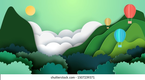 Summer travel and adventure concept with hot air balloons on mountains and forest nature landscape background paper art style.Vector illustration.