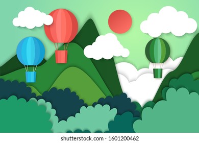 Summer travel and adventure concept with hot air balloons on mountains and forest nature landscape background paper art style.Vector illustration.