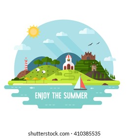 Summer travel adventure flat landscape. Sea island background. Hill, lighthouse, beach umbrellas, church and windmill landmark. Enjoy the summer travel postcard. Summertime holiday voyage concept.