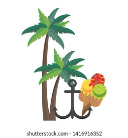 Summer and travel anchor and ice cream with tree palms cartoons vector illustration graphic design