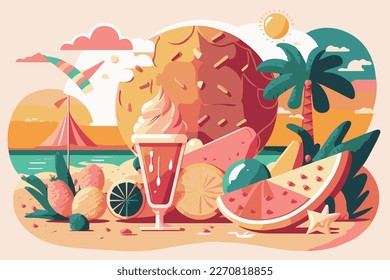 Summer travel background image. Sunshine, beach, summer objects vector illustration. 