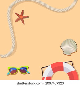 summer travel background with nautical rope,sand, shell, lifebuoy