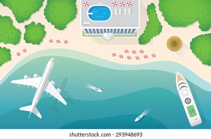 Summer travel background - Sandy exotic beach with hotels, boats, airplanes etc. - flat design - vector illustration