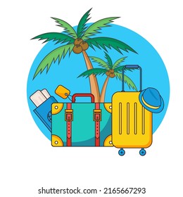 Fondo de viajes de verano. Equipado con maleta, boleto, pasaporte y palmera. Ilustración vectorial.