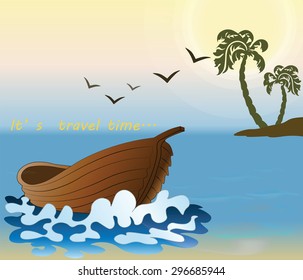 Summer travel background with ship and palms. Vector