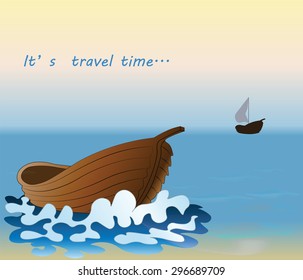 Summer travel background with ship and palms. Vector