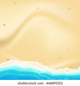 Summer travel background. Sunny sandy beach . Tropical seashore with a view of the surf, top view.