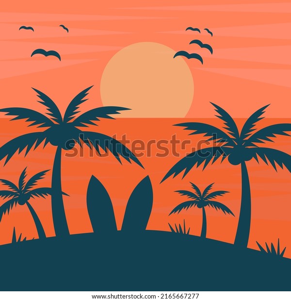 Summer travel\
background. Sunset sunset with palm trees in shade and surfboards.\
Vector illustration.