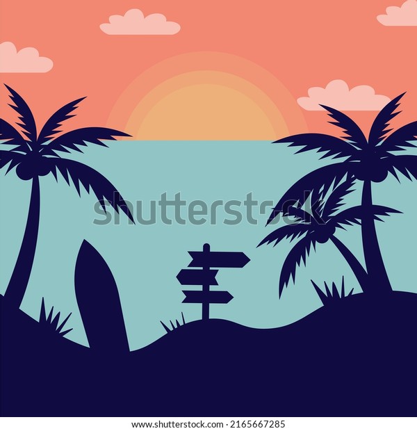 Summer travel background. Sunset\
sunset with palm trees in the shade. Vector\
illustration.