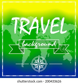 Summer Travel Background with world map and compass rose. Vector illustration.