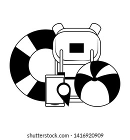 Summer and travel backpack with beach ball smartphone and float cartoons vector illustration graphic design