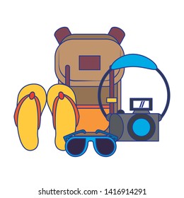 Summer and travel backpack camera and sunglasses with flip flops cartoons vector illustration graphic design