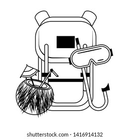 Summer and travel backpack diving mask and coconut cocktail cartoons vector illustration graphic design