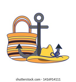 Summer and travel bag and anchor with hat cartoons vector illustration graphic design