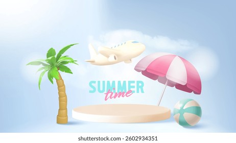 Summer travel banner with beach and plane on blue sky background. Vector realistic illustration of round yellow platform, umbrella, ball, palm tree, airplane flying in clouds, vacation booking service