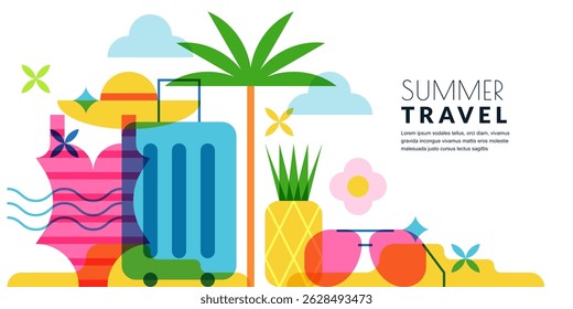 Banner de viagem de verão, cartaz, elementos de design de panfleto. Mala, palma, maiô, abacaxi, óculos de sol rosa na praia de areia. Ilustração geométrica plana vetorial isolada sobre fundo branco