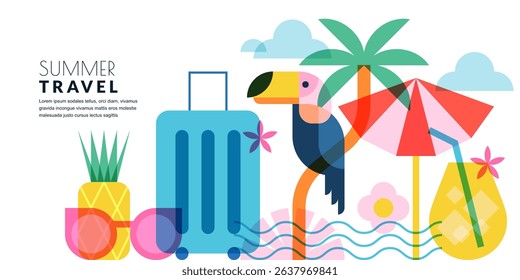 Summer travel banner, poster, flyer design elements. Suitcase, palm, toucan, pineapple, cocktail and beach umbrella. Vector flat geometric illustration isolated on white background