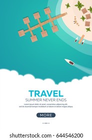 Summer travel banner. Sea travel. Summer time. Hello Summer. Cruise to paradise. Beach, sea and ship