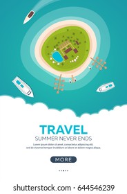 Summer travel banner. Sea travel. Summer time. Hello Summer. Cruise to paradise. Beach, sea and ship
