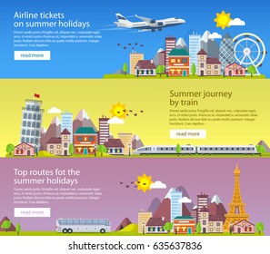 Summer travel banners in flat style. Traveling in time of vacation by plane, bus and train. Travel to Britain, Italy and France. Decorative horizontal templates set in flat style. Vector illustration