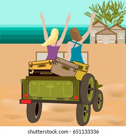 Summer travel banners. Tropical vacation on a retro car.