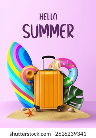 summer travel banner.vacation funny sport objects on the sand pile.summer business and advertising design on pink studio room vector illustration.