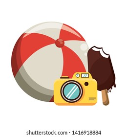 Summer and travel beach ball and ice cream with camera cartoons vector illustration graphic design