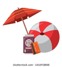 Summer and travel beach ball and umbrella with passport and credit card cartoons vector illustration graphic design
