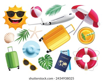 Conjunto de vectores de elementos de playa de viaje de verano. Viajes de verano y elementos de vacaciones como avión, equipaje de bolsa, sombrero, pasaporte y billete en 3d diseño de colección realista. Ilustración vectorial de elementos de verano