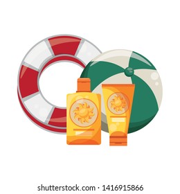 Summer and travel beach float and ball with sun bronzers bottles cartoons vector illustration graphic design