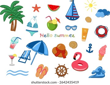Summer travel beach holiday set vector illustration