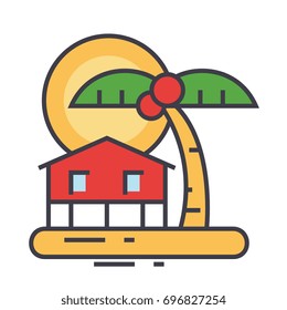 Summer travel, beach, home in palmes, sunset, tropical vacation, bungalow concept. Line vector icon. Editable stroke. Flat linear illustration isolated on white background