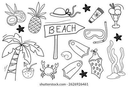  Summer travel and beach icons cute doodle set. Line drawn, hand drawn elements. Beach, tropical palm leaves, fruits, pineapple, ice cream, crab, shell. Summertime elements.