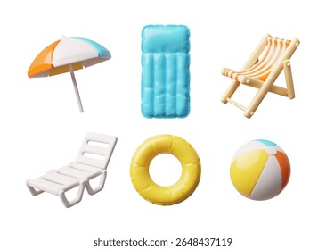 Summer travel, beach and pool elements. 3D cartoon vector icons set. Render deck chair, beach umbrella, inflatable mattress, chaise lounge, ball and ring. Realistic holiday recreation accessory