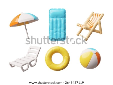 Summer travel, beach and pool elements. 3D cartoon vector icons set. Render deck chair, beach umbrella, inflatable mattress, chaise lounge, ball and ring. Realistic holiday recreation accessory