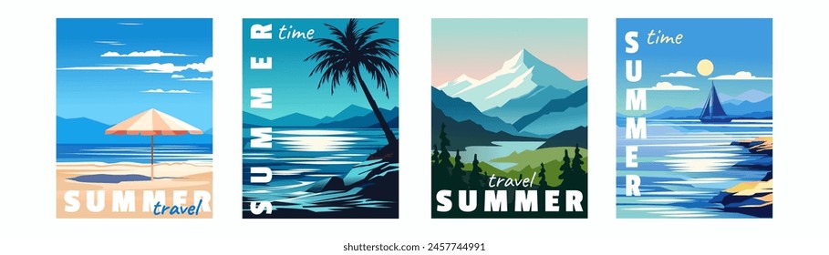 Summer travel. Beach poster, vintage style card design, ocean or sea vacation abstract art, party spring storm sunset landscape Mediterranean. Sand seashore with palms and mountains. Vector background