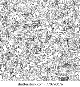 Summer, travel and beach sketch seamless pattern in black and white colors. Travelling hand draw elements with decoration on white background. Palm, summer pattern
