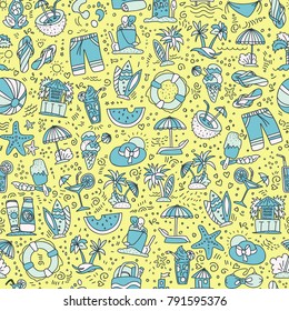 Summer, travel and beach sketch seamless patternTravelling hand draw elements with decoration on white background. Palm, summer pattern