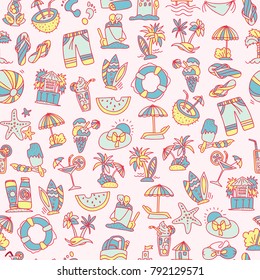 Summer, travel and beach sketch seamless pattern in black and white colors. Travelling hand draw elements with decoration on white background. Palm, summer pattern