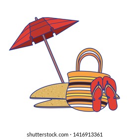 Summer and travel beach umbrella bag and flip flops cartoons vector illustration graphic design